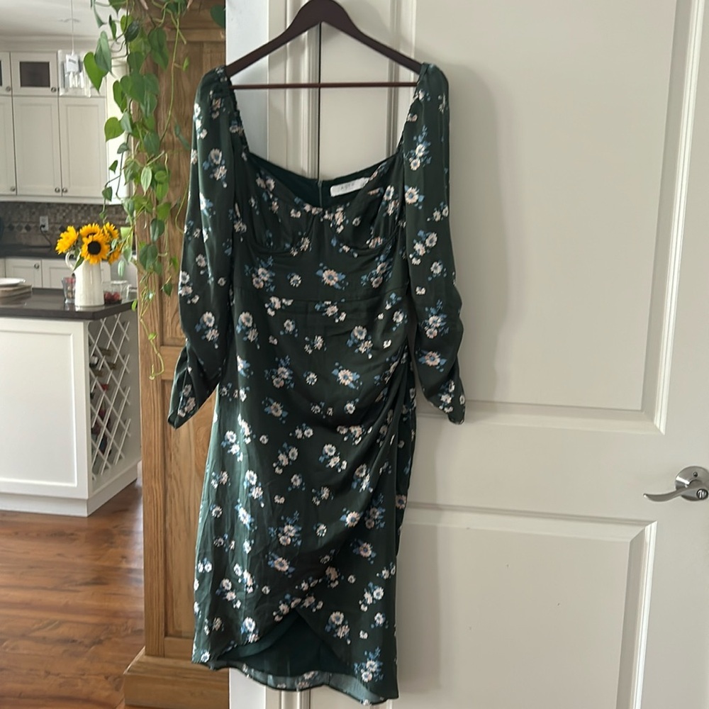 🎀 ASTR THE LABEL green floral satin milk maid dress XL Euc - Picture 3 of 13